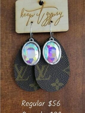 Upcycled LV Iridescent Crystal Teardrop Leather Earrings